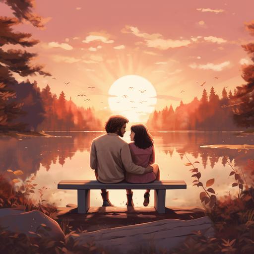 Cover Imagery: Visualize a beautiful, serene lakeside setting during the golden hour, where the sky and water are painted with soft hues of amber and blush. Nestled amidst the lush foliage is a quaint, rustic wooden bench. Foreground: Etok and Mia are seated on the bench, their eyes locked in a tender, playful gaze. Etok’s arm is casually draped over the back of the bench, encircling Mia with a gentle, protective warmth. Mia, with a soft smile, is holding a single wildflower, symbolizing the simplicity and purity of their blossoming love. Background: The tranquil lake reflects the warm sky, the calm waters resonating with the peaceful yet passionate essence of their journey. In the far distance, silhouettes of tall, whispering trees stand as silent witnesses to their growing affection, adding a touch of mystery and depth. Typography: The title 