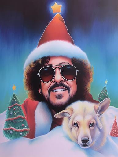 Cowboy Curtis aka Laurence Fishburne wearing sunglasses and an ugly sweater for Christmas, relaxed peaceful smile, pastel cowboy, 1980s dream, psychadelic desert landscape with cacti and animal skulls and reptiles, afrocentrism, jheri curl, pop surrealism by Renet Magritte, david hockney, luis barragan, rafal olbinski, hand tinted etching, intaglio print --chaos 100 --ar 3:4 --stylize 750 --weird 150 --niji 5