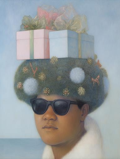 Cowboy Curtis aka Laurence Fishburne wearing sunglasses and an ugly sweater for Christmas, relaxed peaceful smile, pastel cowboy, 1980s dream, psychadelic desert landscape with cacti and animal skulls and reptiles, afrocentrism, jheri curl, pop surrealism by Renet Magritte, david hockney, luis barragan, rafal olbinski, hand tinted etching, intaglio print --chaos 100 --ar 3:4 --stylize 750 --weird 150 --niji 5