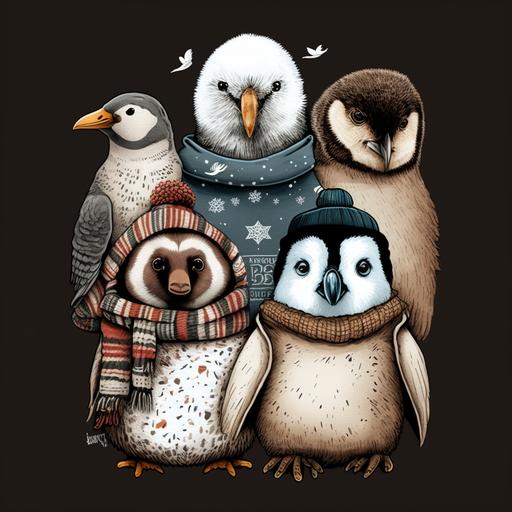 Cozy Winter Animals: Think of a design featuring cute winter animals like polar bears, penguins, or owls, dressed in Christmas attire like hats and scarves. This would be a charming and heartwarming design, especially appealing to animal lovers --v 4