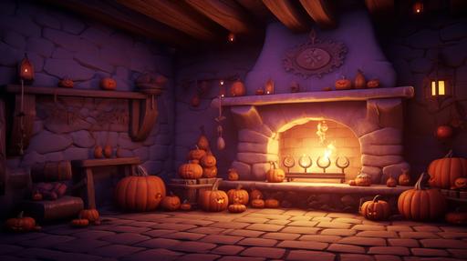 Cozy Witch's Autumn halloween Cottage interior with fireplace and big cauldron with potion, orange and purple lights, halloween pumpkins, unreal engine 5 --ar 16:9