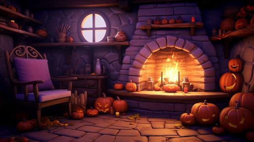 Cozy Witch's Autumn halloween Cottage interior with fireplace and big cauldron with potion, orange and purple lights, halloween pumpkins, unreal engine 5 --ar 16:9