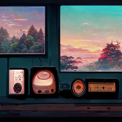 Cozy audio system with Radio Boombox, 80s radio, cozy, japanese, high detailed, realistic anime, super detail, animated, studio ghibli style, high detail, anime style, manga, super detailed