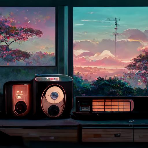 Cozy audio system with Radio Boombox, 80s radio, cozy, japanese, high detailed, realistic anime, super detail, animated, studio ghibli style, high detail, anime style, manga, super detailed