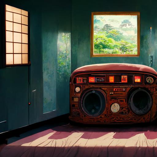 Cozy music room with large Radio Boombox, 80s radio, cozy, japanese, high detailed, realistic anime, super detail, animated, studio ghibli style, high detail, anime style, manga, super detailed
