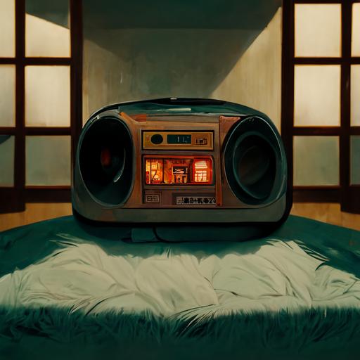 Cozy room with Radio Boombox, 80s radio, cozy, japanese, high detailed, realistic anime, super detail, animated, studio ghibli style, high detail, anime style, manga, super detailed