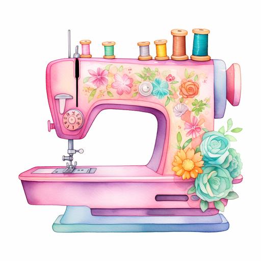 Cozy sewing machine, clipart, watercolor, vibrant pastel colors, illustration, digital painting, playful, white transparent background --v 5.2 --s 50