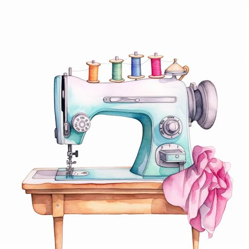 Cozy sewing machines, clipart, watercolor, pastel colors, illustration, digital painting, playful, white transparent background --v 5.2 --s 50