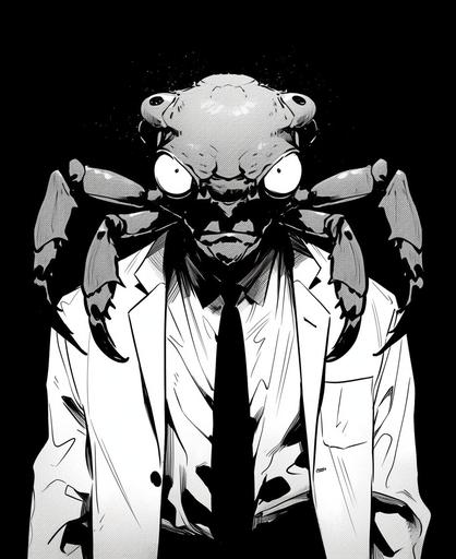 Crab 🦀 Eyed man by Kazuo Umezu, high contrast black and white, grain film, kawaii style, maximalist --ar 9:11 --stylize 150 --niji 5