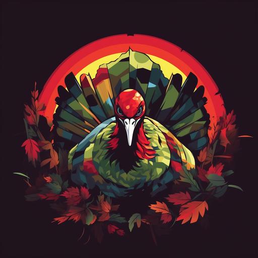 Craft a bold and eye-catching logo that seamlessly integrates camo patterns with a turkey that is going hunting. Experiment with a mix of bold and contrasting colors to create visual impact. The logo should have a contemporary and edgy look, mix greens and reds with camo. Style: Bold and Contemporary. Media: Digital. Reference Artist: Hattie Stewart.