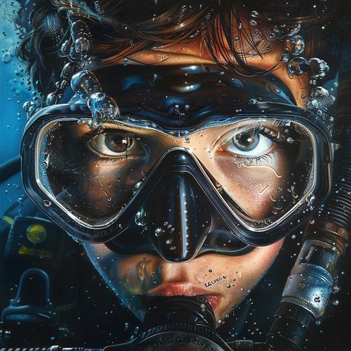 Craft a highly detailed, ultra-realistic image that vividly captures the expression of curiosity on the face of a young boy diver. His eyes should be wide with wonder, scanning the mysteries of the deep with an eager, inquisitive gaze that reflects a thirst for discovery. The slight tilt of his head and the focused intensity of his look convey his fascination and the eagerness to learn more about the environment around him. The diving mask snugly frames his face, accentuating his youthful features and the keen interest in his eyes. The regulator is positioned just right, suggesting his readiness to delve deeper into his aquatic adventure. Surround him with subtle hints of the underwater world he is eager to explore--shadows and shapes of marine life just beyond his immediate view, inviting the viewer to imagine the world through his eyes. The lighting should highlight his face and the glint of curiosity in his eyes, emphasizing the magical moment of discovery and the boundless possibilities that lie beneath the surface of the ocean. This image aims to encapsulate the essence of youthful curiosity and the joy of uncovering the secrets of the underwater world.