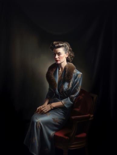 Craft a hyper-realistic portrait of a prominent middle-aged female influencer, known for her impeccable taste and charismatic presence, adorned in the quintessential fashion of the 1940s. Her expression should exude confidence and grace, with a glimmer of the wisdom and experience that her years have bestowed upon her. Dress her in a luxurious 1940s outfit, perhaps a beautifully tailored A-line dress that cinches at the waist and flares gently at the hem, reflecting the post-war femininity and elegance. The fabric should be rich in color, with a subtle floral pattern or a classic polka dot print, and the texture must be palpable, from the gentle creases of the fabric to the delicate sheen of a silk waistband. Her hair should be styled in classic victory rolls or soft, elegant waves that frame her face, adorned with a vintage hair accessory, such as a hat or a bejeweled clip that accentuates her features. Makeup is to be period-accurate, with a flawless complexion, arched eyebrows, modest eyeshadow, and the iconic red lipstick that was a staple of the 1940s beauty regime. The influencer's accessories are key to her portrayal: pearl necklace and earrings for a touch of sophistication, a vintage clutch, and perhaps a pair of gloves to signify the era's fashion norms. Each piece should be rendered with care, from the luster of the pearls to the texture of the leather gloves. Her stance should be poised yet inviting, with one hand elegantly placed on her hip, and the other perhaps holding a pair of sunglasses or gently touching the neckline of her dress, suggesting a moment of interaction or contemplation. The background should be an extension of her persona: a setting that might hint at a luxurious vintage parlor or a high-end fashion boutique of the 1940s, replete [...]
