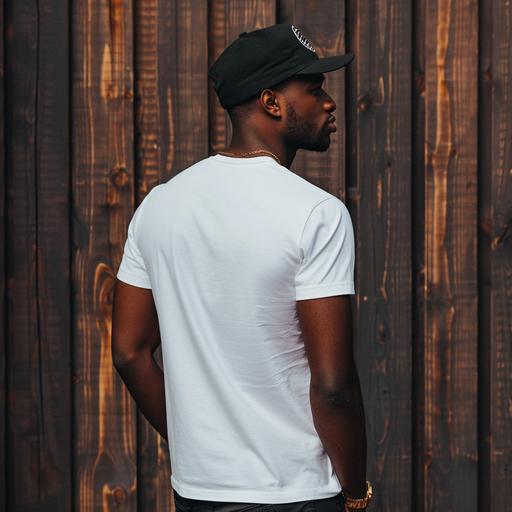 Craft a prompt capturing the essence of a confident and stylish black male model elegantly donning a plain white T-shirt for mockup, back side of the shirt --sref