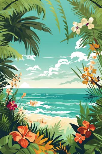 Craft a vector illustration that encapsulates a breezy summer day at the beach. Incorporate flowing ferns and flowers that sway as if gently touched by the wind. This illustration should fit a beach tennis net, enhancing the summer theme. --ar 2:3