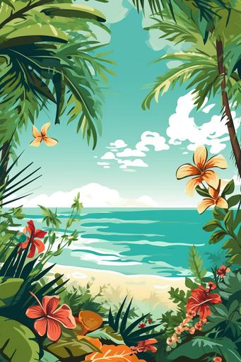 Craft a vector illustration that encapsulates a breezy summer day at the beach. Incorporate flowing ferns and flowers that sway as if gently touched by the wind. This illustration should fit a beach tennis net, enhancing the summer theme. --ar 2:3