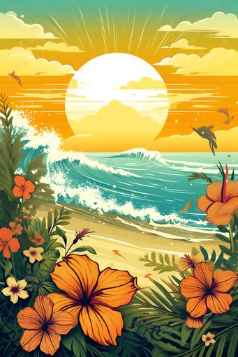 Craft a vector illustration that encapsulates a breezy summer day at the beach. Incorporate flowing ferns and flowers that sway as if gently touched by the wind. This illustration should fit a beach tennis net, enhancing the summer theme. --ar 2:3