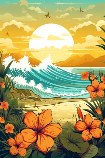 Craft a vector illustration that encapsulates a breezy summer day at the beach. Incorporate flowing ferns and flowers that sway as if gently touched by the wind. This illustration should fit a beach tennis net, enhancing the summer theme. --ar 2:3