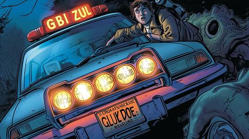 Craft a visual prompt capturing intriguing trivia from IDW Comics' Ghostbusters universe. Illustrate references to Zuul the gatekeeper in What in Samhain Just Happened?! with Janine's Car's license plate reading 
