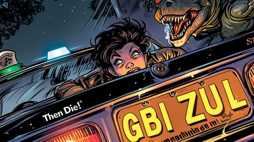Craft a visual prompt capturing intriguing trivia from IDW Comics' Ghostbusters universe. Illustrate references to Zuul the gatekeeper in What in Samhain Just Happened?! with Janine's Car's license plate reading 