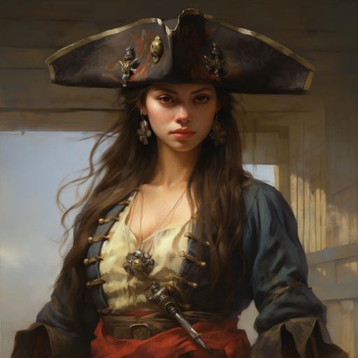 Craft an 18th-century oil painting capturing the captivating essence of Ching Shih, the fearsome Chinese pirate. With a fierce countenance, she wears authentic 18th-century pirate attire adorned with weapons, gold jewelry, and bearing scars. Her weathered skin speaks of her seafaring life, and her fierce gaze pierces through the canvas. This historically accurate portrayal demands meticulous attention to detail, ensuring every element, from the costume to the backdrop, authentically reflects her powerful presence and the era she ruled.