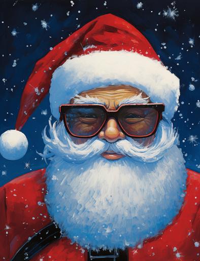 Craft an awe-inspiring depiction of a black Santa Claus wearing glasses, executed with extraordinary precision and lifelike qualities. Channel the influence of the Black Arts Movement by incorporating vibrant and expressive facial expressions that convey a sense of wonder and delight. Utilize illustration techniques to enhance the overall composition, while utilizing a color palette dominated by dark sky-blue and red shades to create a visually captivating artwork. --ar 17:22 --v 5.2