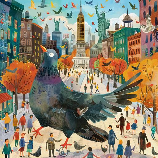 Craft an enchanting illustration reminiscent of a beloved children's book, featuring Percy the Pigeon as the lovable protagonist exploring the vibrant streets of New York City. Set the scene with a warm, inviting color palette that captures the charm and energy of the bustling metropolis. Picture Percy with his feathers fluffed and eyes wide with wonder as he navigates the familiar sights and sounds of the city. Render Percy with endearing details that make him instantly relatable to young readers--a cheerful expression, a jaunty tilt of the head, and perhaps a small backpack slung over one wing, hinting at the adventures to come. Surround Percy with a cast of whimsical characters and iconic landmarks, each rendered with playful details that ignite the imagination. Show friendly faces among the bustling crowds, from chatty sparrows to wise old owls, each going about their day with a touch of avian flair. Incorporate recognizable New York landmarks like the Statue of Liberty, Central Park, and the Empire State Building, each rendered in a style that evokes the cozy nostalgia of classic children's illustrations. Infuse the scene with a sense of warmth and wonder, inviting young readers to join Percy on his journey through the enchanting streets of the city. Whether he's exploring hidden alleyways, soaring through the skyline, or sharing a meal with newfound friends, let Percy's adventures spark the imaginations of children and adults alike, reminding us all that magic can be found in the most unexpected places.