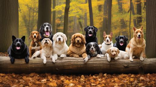 Craft an endearing cover photo that portrays these dog breeds labrador retriever, french bulldog, golden retriever, german shepherd, bulldog, beagle, poodle, rottweiler, australian shepherd, yorkshire terrier. Picture them in an enchanting forest gathering. Show them engaging in playful antics, symbolizing the cherished unity and joy --ar 16:9