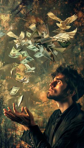 Craft an image that portrays a man eagerly extending his hand to receive money, depicted as if it has its own wings and is beginning to fly away. The man's expression should be one of hopeful expectation, his hand outstretched in anticipation. Meanwhile, the money, depicted with wings or bird-like features, is shown fluttering away from his grasp, each bill or coin taking flight into the distance. Capture the dynamic movement of the scene, with the money appearing to escape with a sense of purpose and autonomy. Consider incorporating details such as the man's furrowed brow or determined gaze as he tries to seize the fleeing wealth, adding depth to the narrative. The image should convey a sense of irony and frustration, highlighting the transient nature of money and the challenges of holding onto financial stability in an unpredictable world, high contrast, a lot of reflection, 32k uhd --v 6.0 --ar 4:7