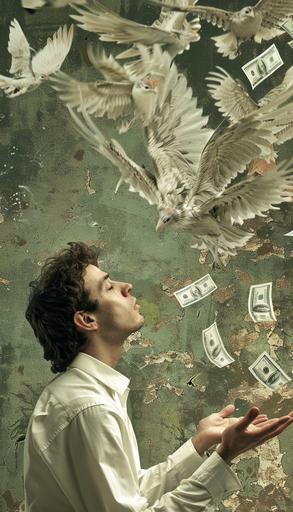 Craft an image that portrays a man eagerly extending his hand to receive money, depicted as if it has its own wings and is beginning to fly away. The man's expression should be one of hopeful expectation, his hand outstretched in anticipation. Meanwhile, the money, depicted with wings or bird-like features, is shown fluttering away from his grasp, each bill or coin taking flight into the distance. Capture the dynamic movement of the scene, with the money appearing to escape with a sense of purpose and autonomy. Consider incorporating details such as the man's furrowed brow or determined gaze as he tries to seize the fleeing wealth, adding depth to the narrative. The image should convey a sense of irony and frustration, highlighting the transient nature of money and the challenges of holding onto financial stability in an unpredictable world, high contrast, a lot of reflection, 32k uhd --v 6.0 --ar 4:7