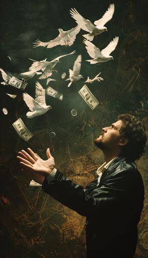 Craft an image that portrays a man eagerly extending his hand to receive money, depicted as if it has its own wings and is beginning to fly away. The man's expression should be one of hopeful expectation, his hand outstretched in anticipation. Meanwhile, the money, depicted with wings or bird-like features, is shown fluttering away from his grasp, each bill or coin taking flight into the distance. Capture the dynamic movement of the scene, with the money appearing to escape with a sense of purpose and autonomy. Consider incorporating details such as the man's furrowed brow or determined gaze as he tries to seize the fleeing wealth, adding depth to the narrative. The image should convey a sense of irony and frustration, highlighting the transient nature of money and the challenges of holding onto financial stability in an unpredictable world, high contrast, a lot of reflection, 32k uhd --v 6.0 --ar 4:7