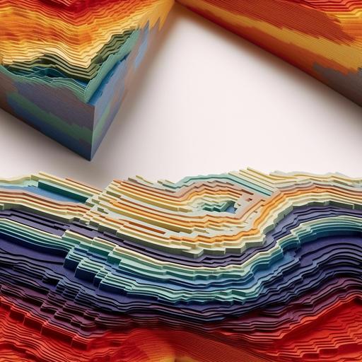 Crafted with precision and artistry, this kirigami tile depicts the mesmerizing sight of near-horizontal layers of the Earth, subtly deformed by the relentless forces of tectonic stress. Shades of blue, red, orange, and yellow dance across the paper, mirroring the diverse geological strata that make up our planet's crust. Each meticulously folded layer captures the delicate undulations and gentle twists, revealing the ongoing transformation beneath the surface. As light filters through the intricately cut patterns, shadows and highlights create a captivating interplay, inviting contemplation of the Earth's ancient history and the ceaseless geological dance occurring beneath our feet. --v 5.1 --tile