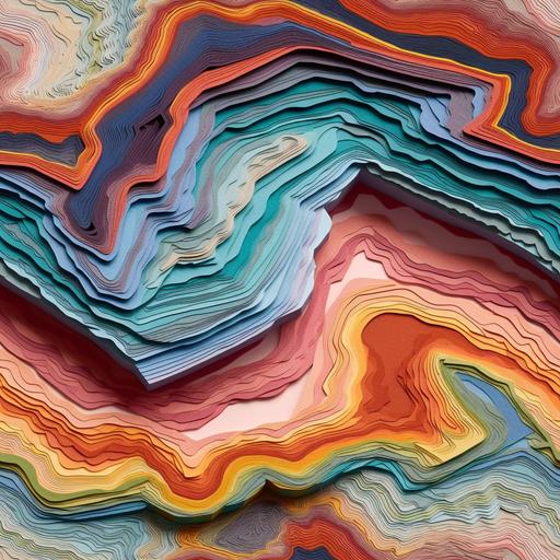 Crafted with precision and artistry, this kirigami tile depicts the mesmerizing sight of near-horizontal layers of the Earth, subtly deformed by the relentless forces of tectonic stress. Shades of blue, red, orange, and yellow dance across the paper, mirroring the diverse geological strata that make up our planet's crust. Each meticulously folded layer captures the delicate undulations and gentle twists, revealing the ongoing transformation beneath the surface. As light filters through the intricately cut patterns, shadows and highlights create a captivating interplay, inviting contemplation of the Earth's ancient history and the ceaseless geological dance occurring beneath our feet. --v 5.1 --tile