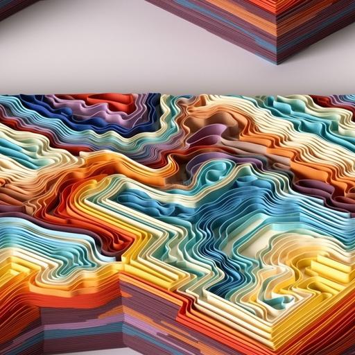 Crafted with precision and artistry, this kirigami tile depicts the mesmerizing sight of near-horizontal layers of the Earth, subtly deformed by the relentless forces of tectonic stress. Shades of blue, red, orange, and yellow dance across the paper, mirroring the diverse geological strata that make up our planet's crust. Each meticulously folded layer captures the delicate undulations and gentle twists, revealing the ongoing transformation beneath the surface. As light filters through the intricately cut patterns, shadows and highlights create a captivating interplay, inviting contemplation of the Earth's ancient history and the ceaseless geological dance occurring beneath our feet. --v 5.1 --tile