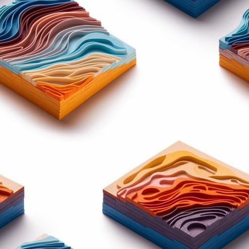 Crafted with precision and artistry, this kirigami tile depicts the mesmerizing sight of near-horizontal layers of the Earth, subtly deformed by the relentless forces of tectonic stress. Shades of blue, red, orange, and yellow dance across the paper, mirroring the diverse geological strata that make up our planet's crust. Each meticulously folded layer captures the delicate undulations and gentle twists, revealing the ongoing transformation beneath the surface. As light filters through the intricately cut patterns, shadows and highlights create a captivating interplay, inviting contemplation of the Earth's ancient history and the ceaseless geological dance occurring beneath our feet. --v 5.1 --tile