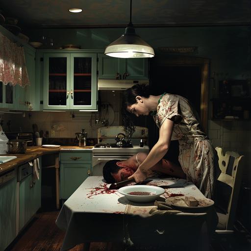 Crea la imagen cinematografica de una mujer golpeando a un hombre con una Plancha, planchadora de ropa en la cabezael hombre esta comiendo en la mesa de una cocina y cae en el plato de sopa, Estilo Gregory crewdson --v 6.0