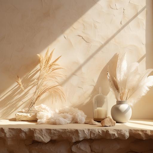 Cream color tones a close up in raw edge table, with tabular clear selenite crystals, a bundle of dried sage leaves wrapped in twin and feathers, reflecting in the sun, cream color clay textured walls, minimal, hyperrealistic, house, abstract