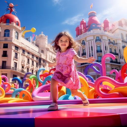 Creat a Dreamplace in the gran via, madrid españa - Agatha Ruiz de la Prada Style with a very cool and fun 4 year old cool kid laughing and dancing, sourrounded by colorful lightinings and thunders. Fluor Colors. 8 k - 3d - Element: Clock