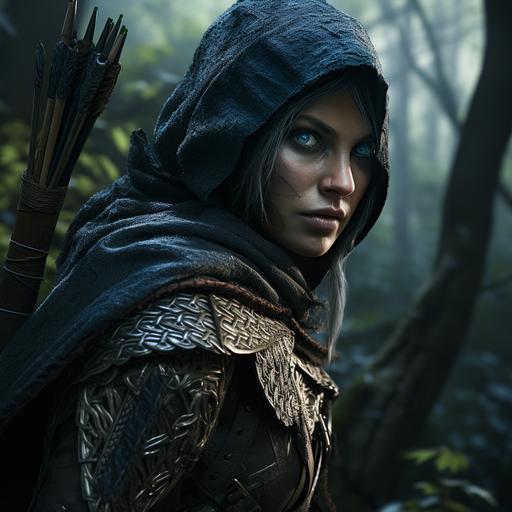 Creat a visually stunning and realistic shot of a female elf ranger young and strong.She is stealthing through the forrest on top of a tree's branch.Realistic skin and striking blue eyes, wearing beautiful leather armor , hood and cloak. She hides her mouth with a scarf.She carries a quiver with wicked arrows. Raw style , echoinc Zack Snyder's style.