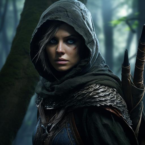 Creat a visually stunning and realistic shot of a female elf ranger young and strong.She is stealthing through the forrest on top of a tree's branch.Realistic skin and striking blue eyes, wearing beautiful leather armor , hood and cloak. She hides her mouth with a scarf.She carries a quiver with wicked arrows. Raw style , echoinc Zack Snyder's style.