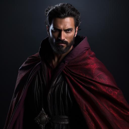 Creat a visually stunning and realistic shot of a male human mage sorcerer young and strong. Black hair tighly in a ponytail. Well-groomed beard and mustache.realistic skin and striking black eyes, wearing a red and black robes with a very long red-purple silk scarf. A black cloak covers one shoulder. Raw style , echoinc Zack Snyder's style.He levitates off the ground as a forest burns around him.