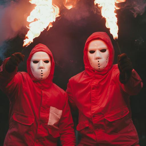 Create 2 football fans if you have a matching half red half white ski mask that shows only the eyes holding a flare in hand and shouting