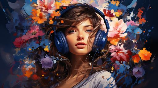 Create 2D graphic of youtube music playlist cover: floral water color paint, Ultra detailed illustration:Shade bright opera, cobalt blue, ultramarine deep, vindian, indigo, sap green, raw umber, green gold, spare and elegant brushwork, eye-catching, Background: mysterious cityscape. v 5.2, HD --ar 2560:1440 --v 5.2 --s 750
