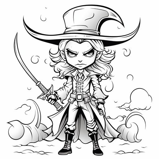 Create Halloween coloring pages for kids of vampire hunter in a cartoon style. lines are thick, the details are minimal, it's in black and white, and there is no shading