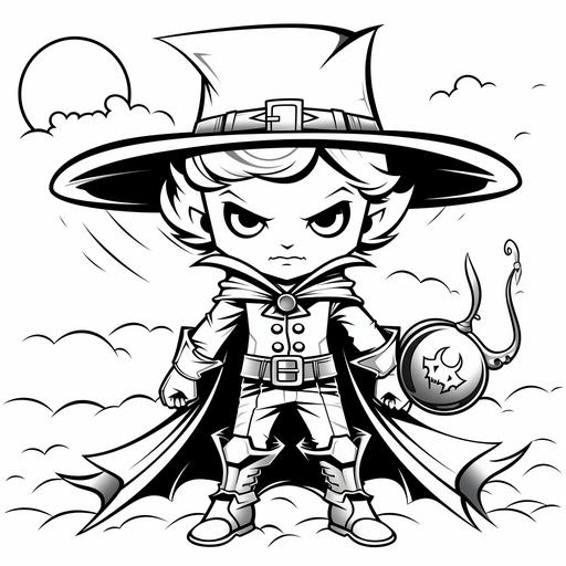 Create Halloween coloring pages for kids of vampire hunter in a cartoon style. lines are thick, the details are minimal, it's in black and white, and there is no shading