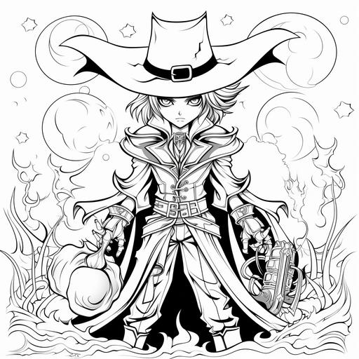 Create Halloween coloring pages for kids of vampire hunter in a cartoon style. lines are thick, the details are minimal, it's in black and white, and there is no shading