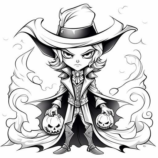 Create Halloween coloring pages for kids of vampire hunter in a cartoon style. lines are thick, the details are minimal, it's in black and white, and there is no shading