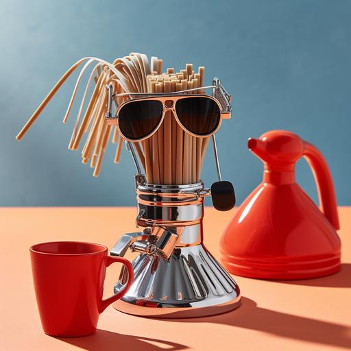 Create Moka Espress: Iconic Stovetop Espresso Maker(Moka Pot Aluminium, Silver) containing overflowing spaghetti. Also, it wears sunglasses. It also does this gesture 🤌 --s 50