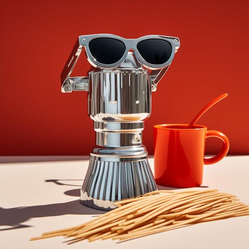 Create Moka Espress: Iconic Stovetop Espresso Maker(Moka Pot Aluminium, Silver) containing overflowing spaghetti. Also, it wears sunglasses. It also does this gesture 🤌 --s 50