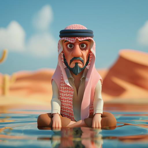 Create One man Arab character angry and sitting in an oasis water in the desert 3d cartoon feel --v 6.0