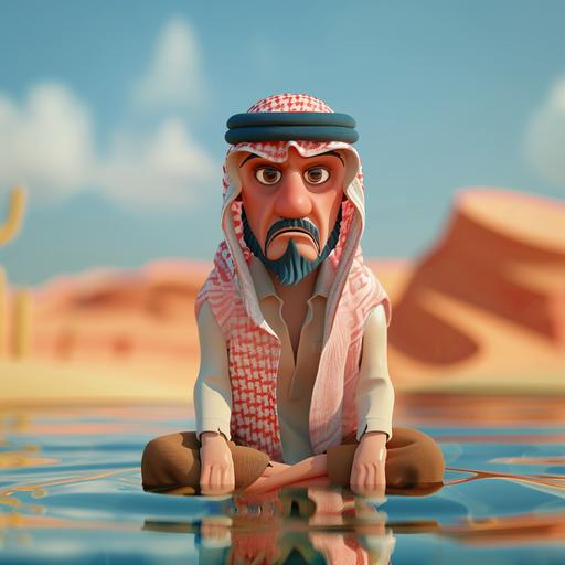 Create One man Arab character angry and sitting in an oasis water in the desert 3d cartoon feel
